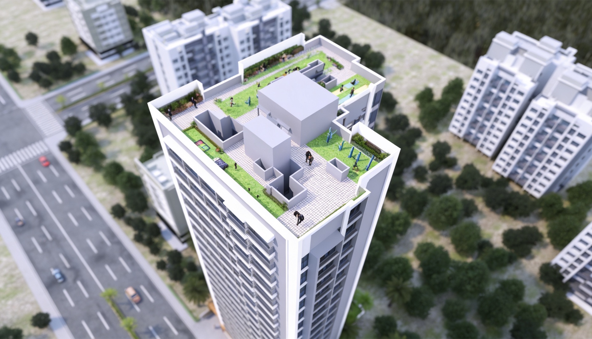 Prangan Heights — aerial view of landscaped rooftop amenities